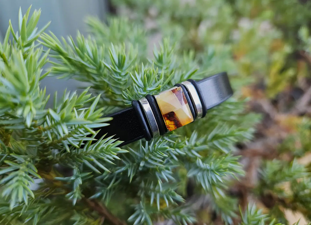 Unisex Black Leather and Amber Bracelet