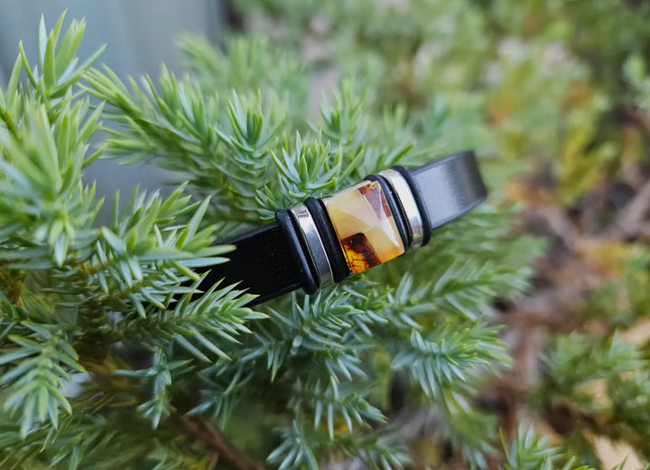 Unisex Black Leather and Amber Bracelet