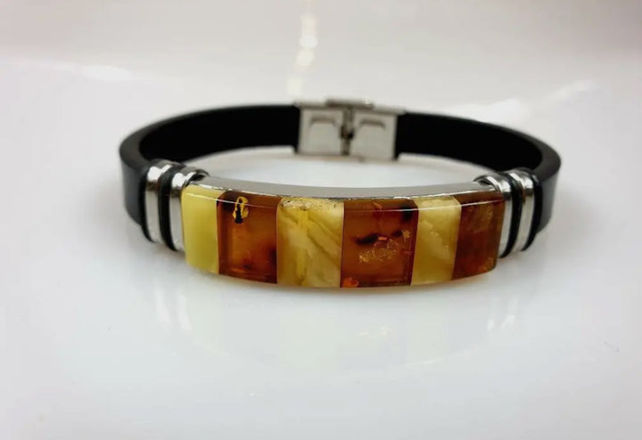 Unisex Black Leather and Amber Bracelet