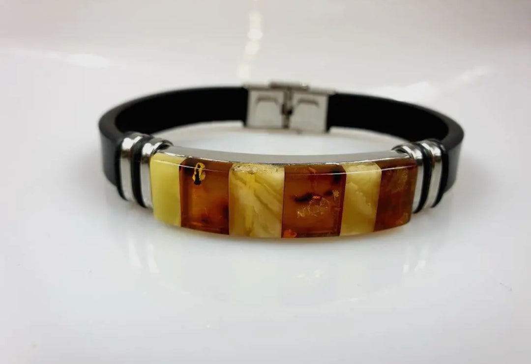 Men's Black Leather and Baltic Amber Bracelet