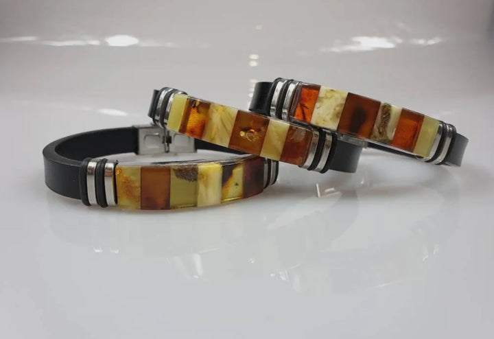 Unisex Black Leather and Amber Bracelet