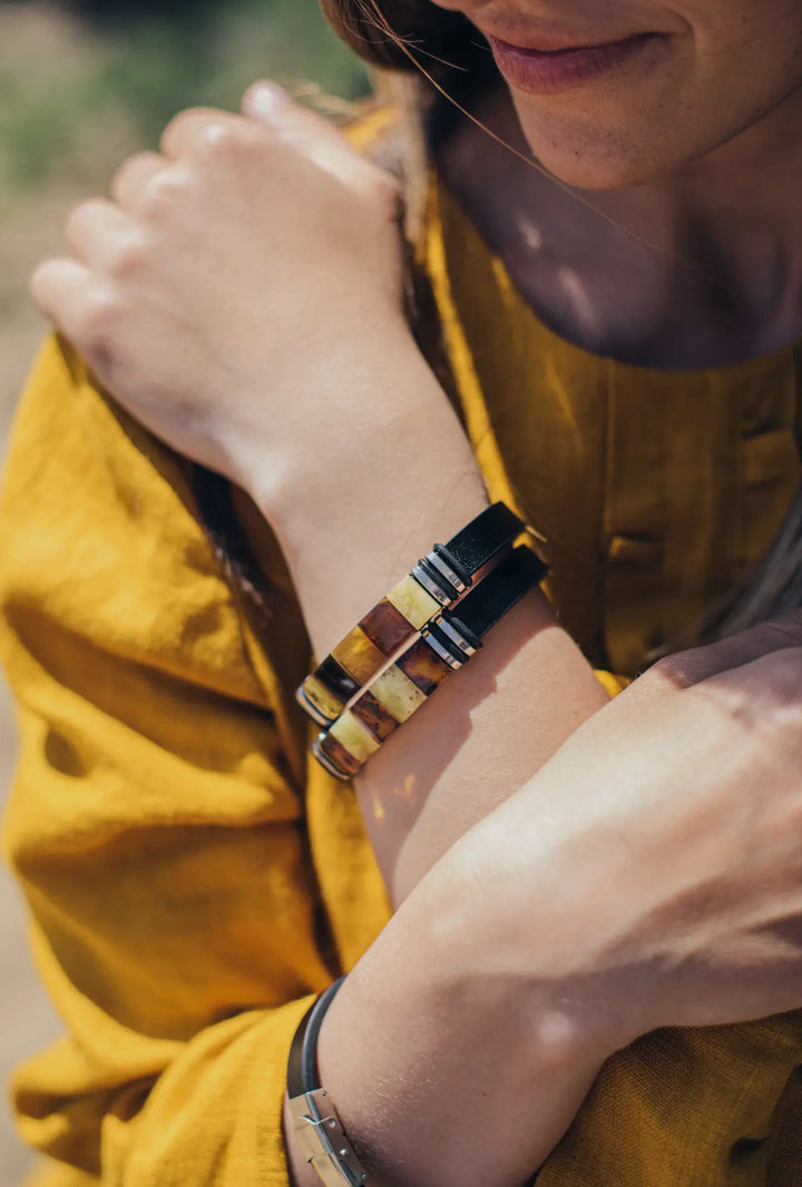 Unisex Black Leather and Amber Bracelet