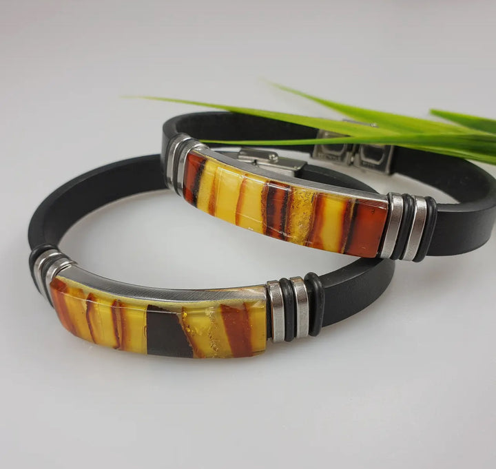 Unisex Black Leather and Amber Bracelet