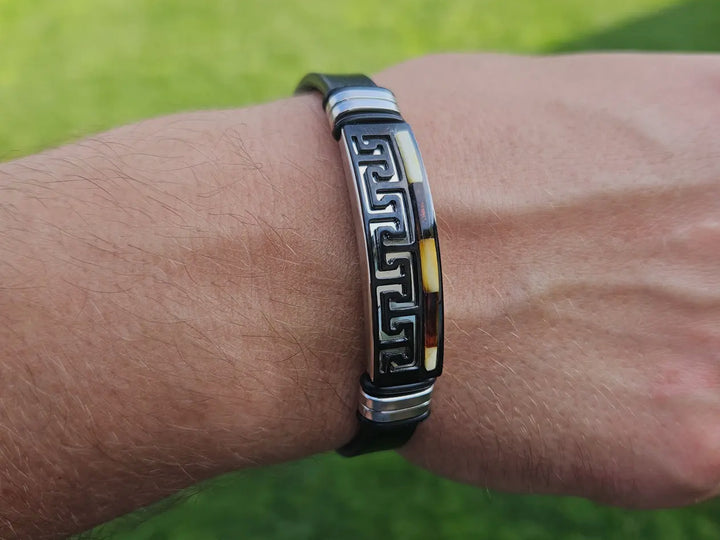 Men's Black Leather and Baltic Amber Bracelet