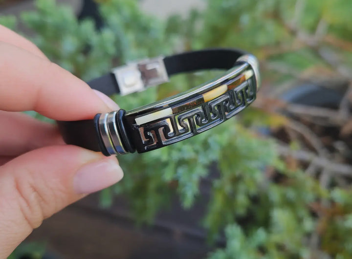 Men's Black Leather and Baltic Amber Bracelet