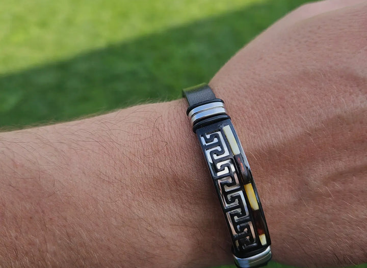 Men's Black Leather and Baltic Amber Bracelet