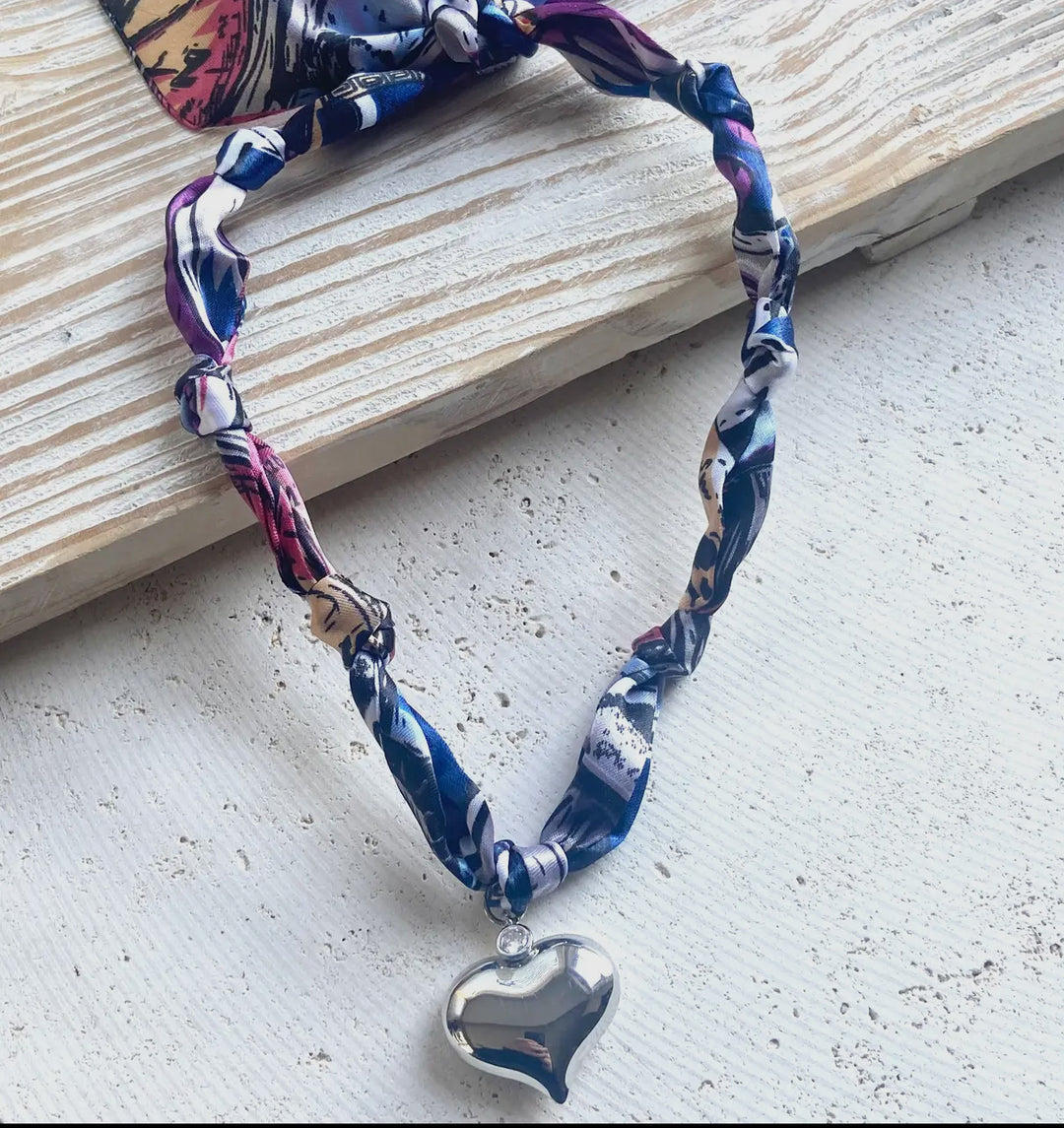 Scarf Necklace-Navy Blue/Puffy silver heart