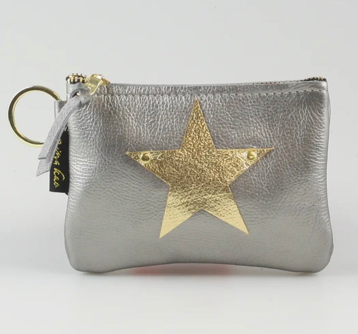 Leather Hand Made Coin Purse-Gunmetal grey with Gold Star