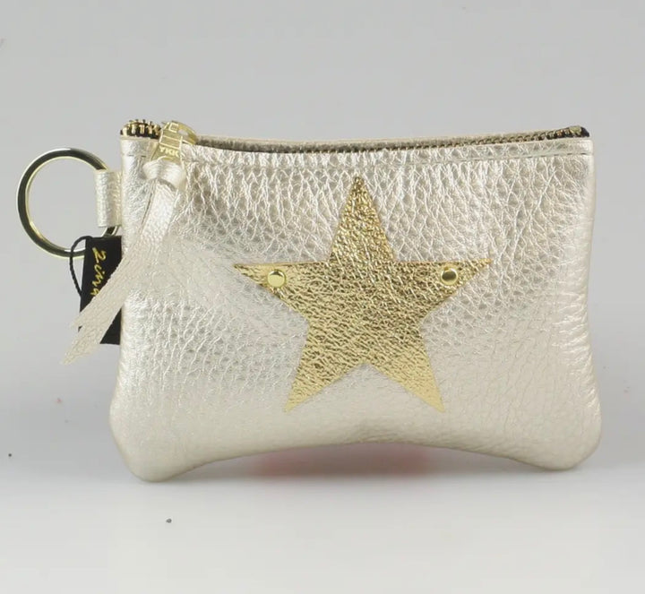 Leather Hand Made Coin Purse-Pearlescent white with Gold Metallic Star