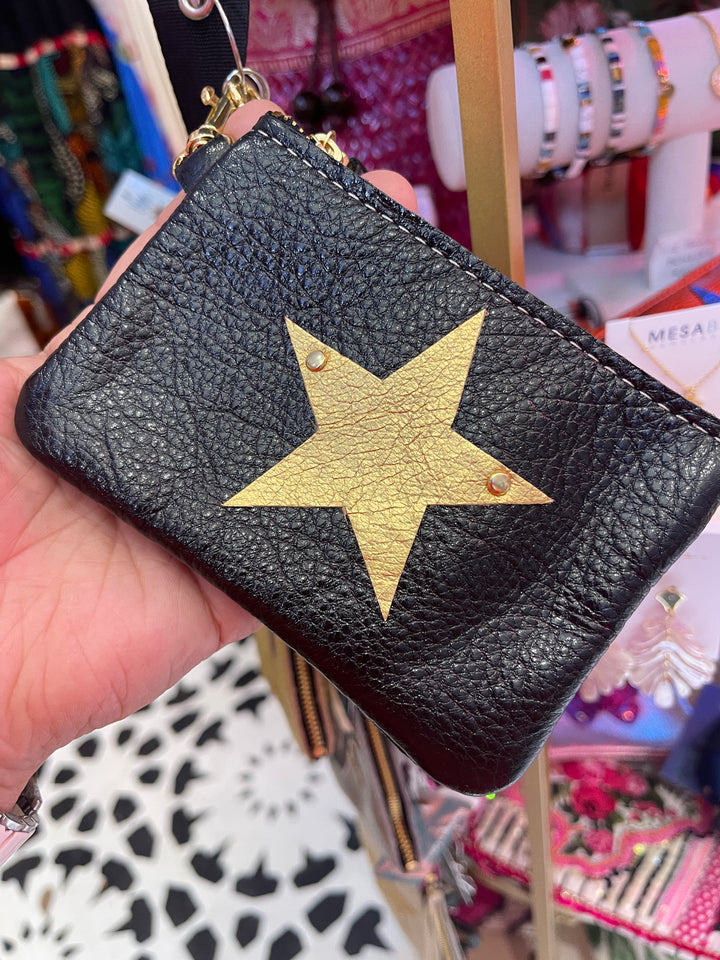 Leather Hand Made Coin Purse-Black/Gold Star