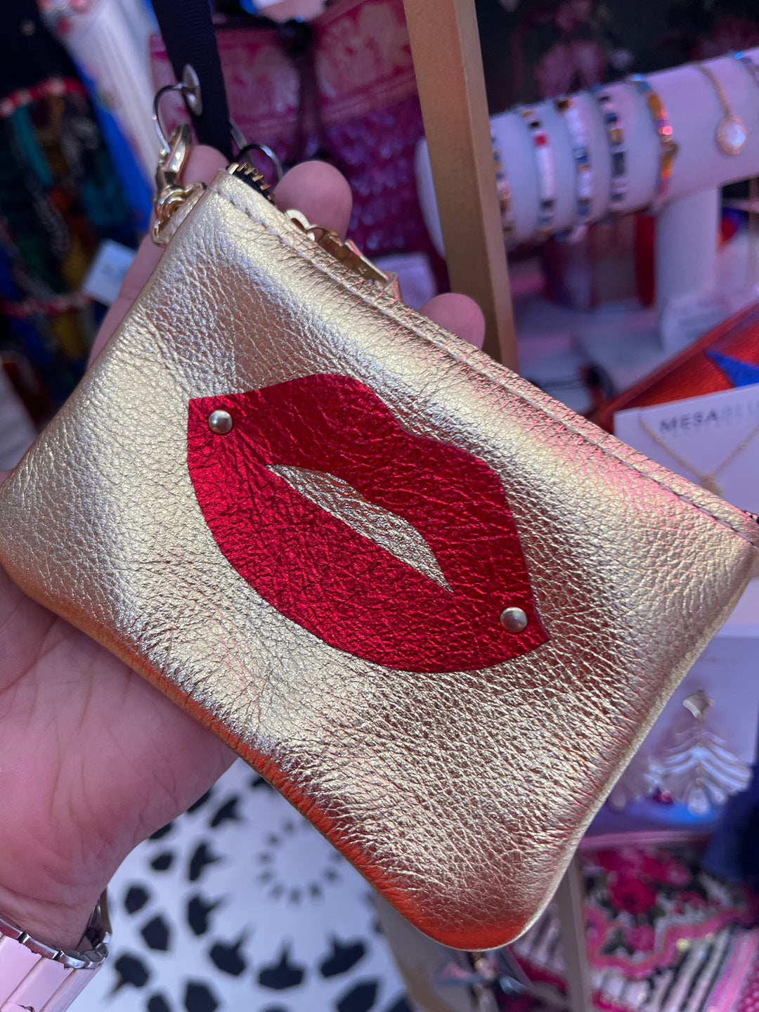 Leather Hand Made Coin Pouch-Gold Metallic/Red lips