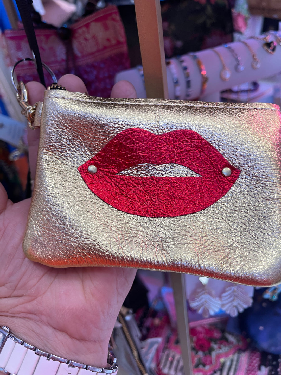 Leather Hand Made Coin Pouch-Gold Metallic/Red lips