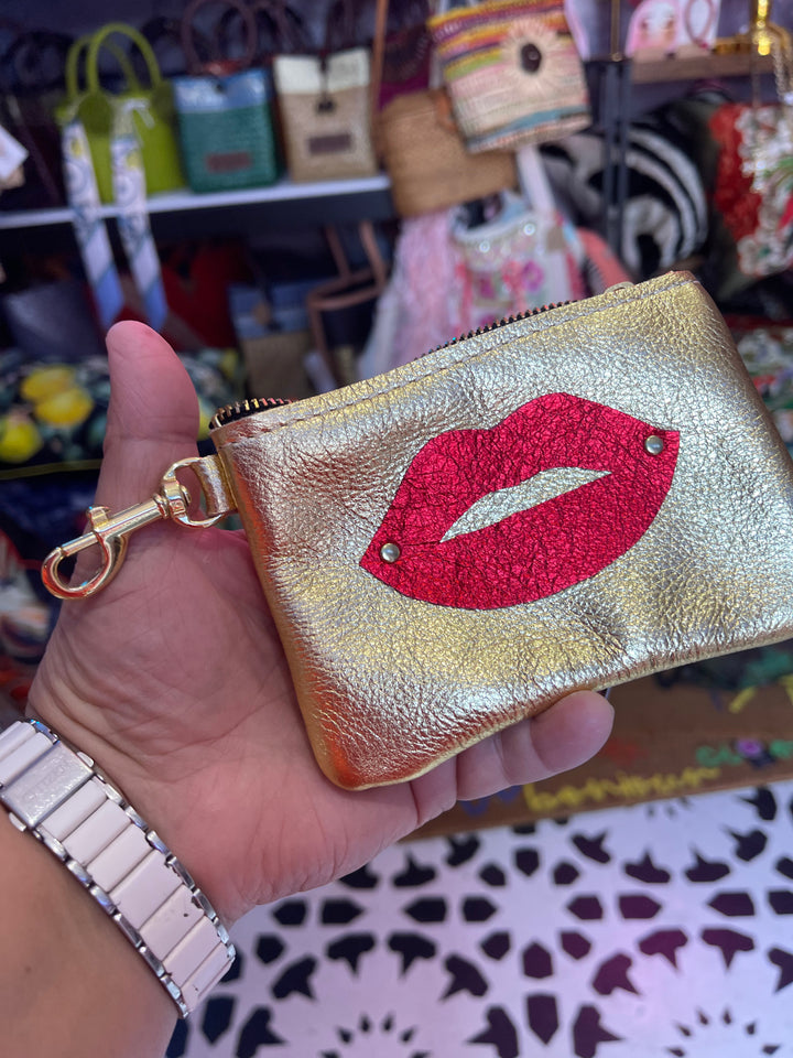 Leather Hand Made Coin Pouch-Gold Metallic/Red lips