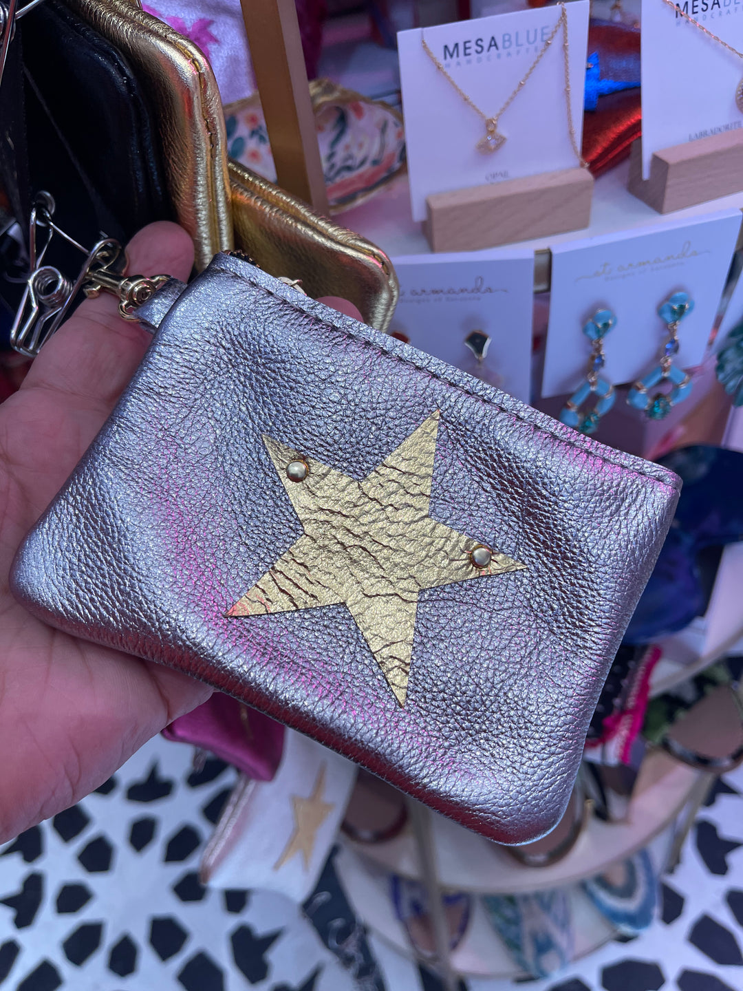 Leather Hand Made Coin Purse-Gunmetal grey with Gold Star