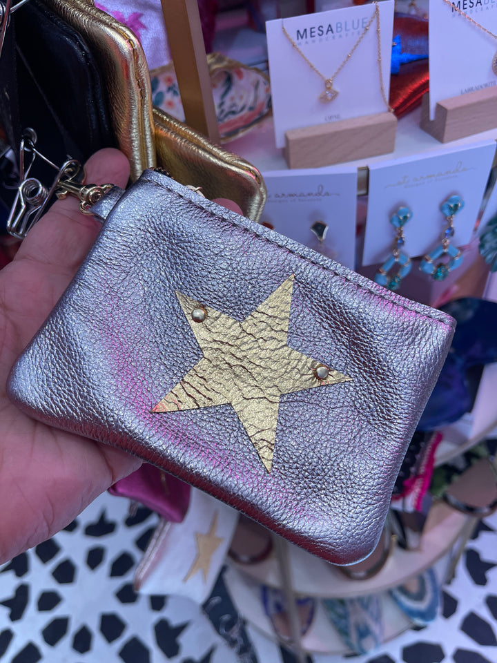 Leather Hand Made Coin Purse-Gunmetal grey with Gold Star
