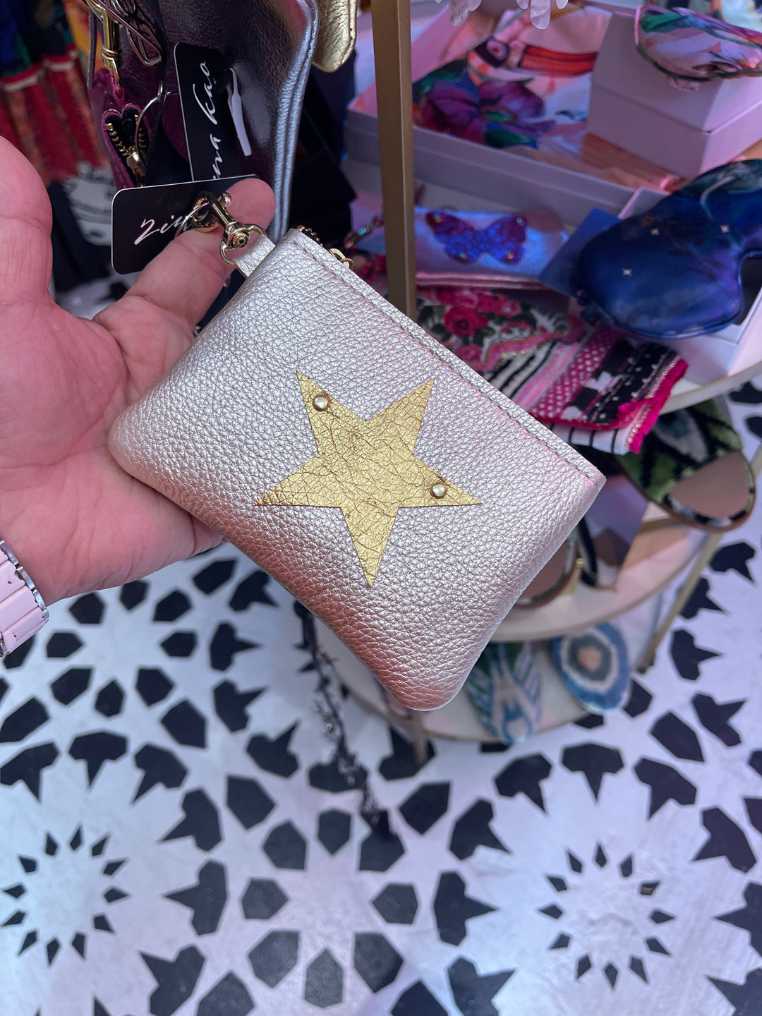 Leather Hand Made Coin Purse-Pearlescent white with Gold Metallic Star