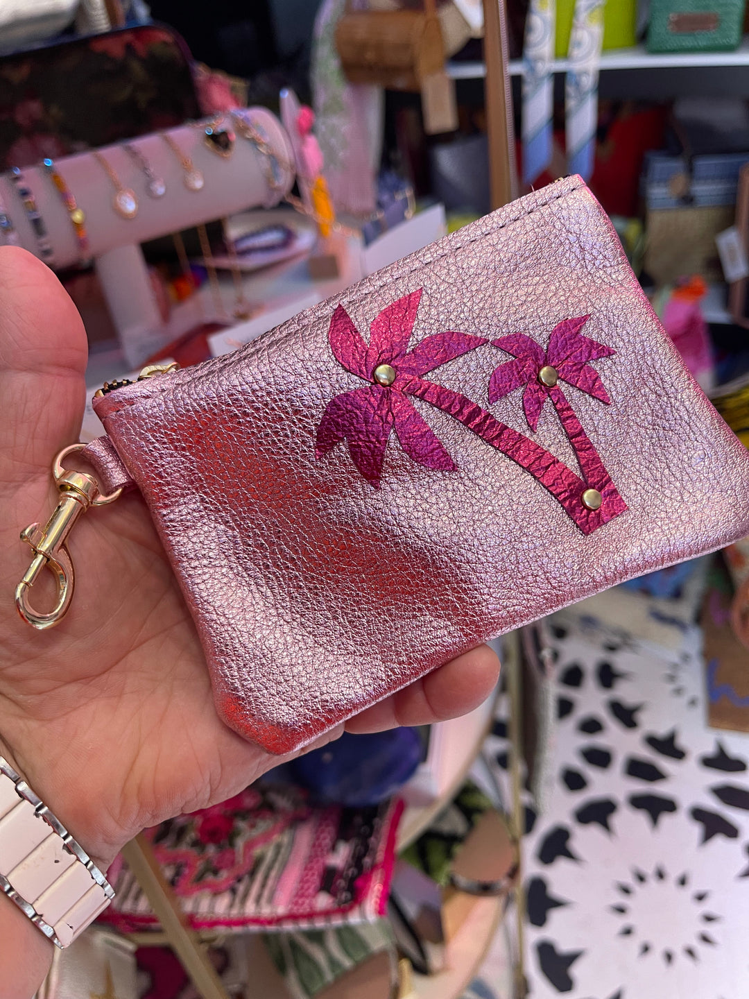 Leather Hand Made Coin Purse-Pink Palms