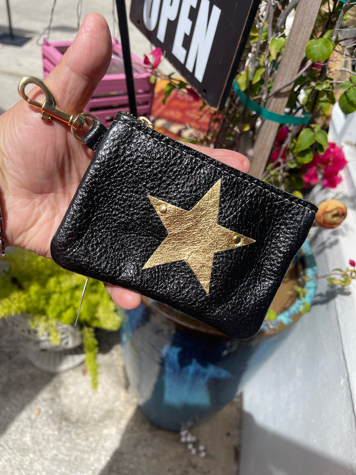 Leather Hand Made Coin Purse-Black/Gold Star