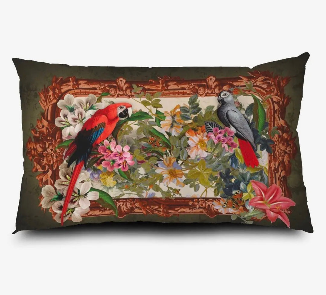 Printed Velvet Lumbar Throw Pillow-Parrots