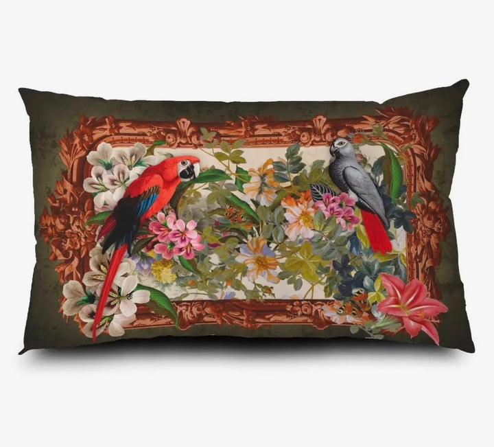 Printed Velvet Lumbar Throw Pillow-Parrots