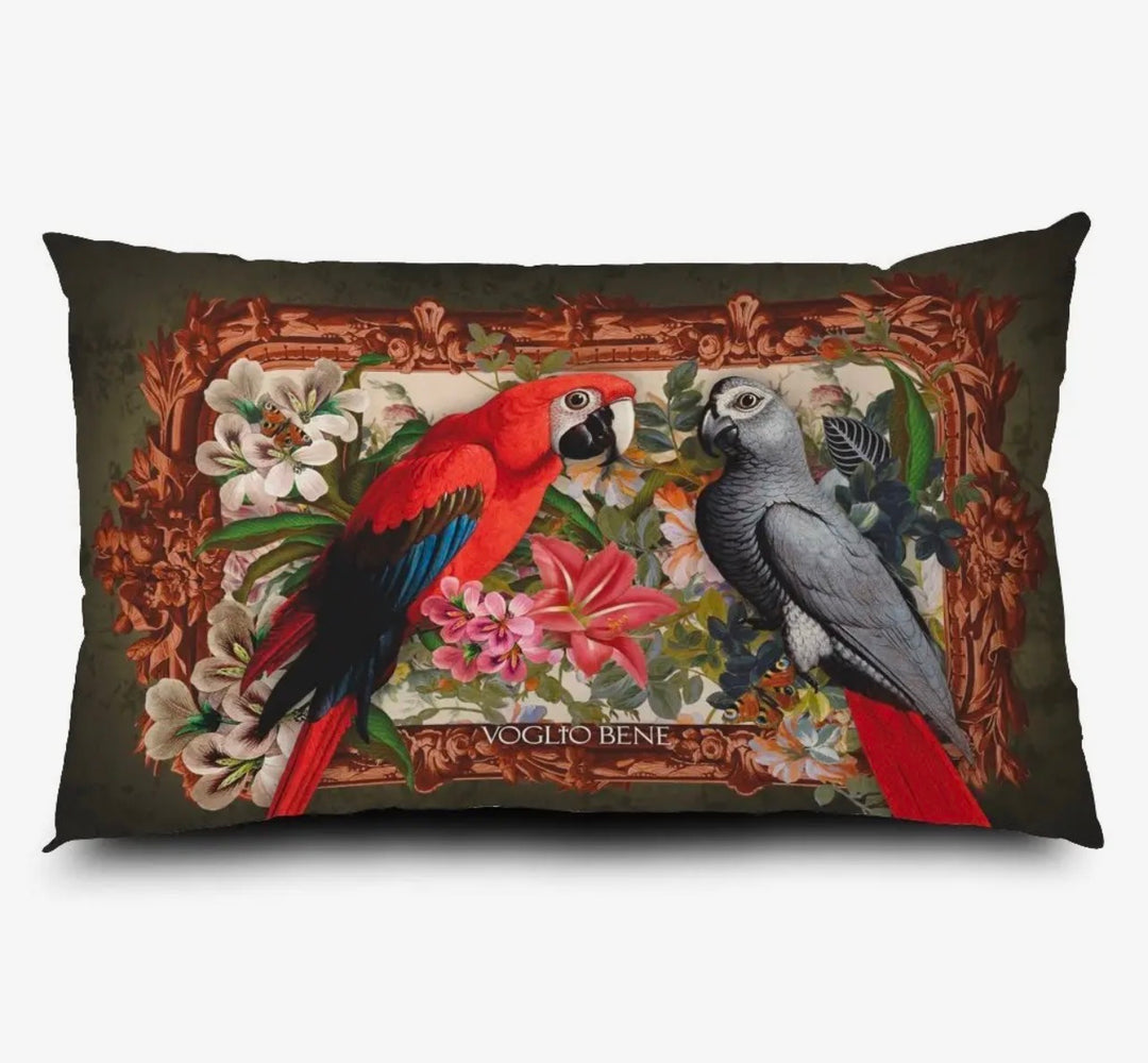Printed Velvet Lumbar Throw Pillow-Parrots