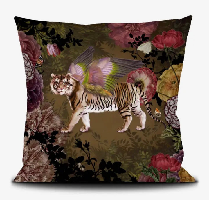 Printed Velvet Throw Pillow-Winged Tiger