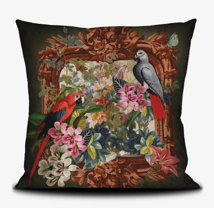 Velvet Printed Throw Pillow-Parrots