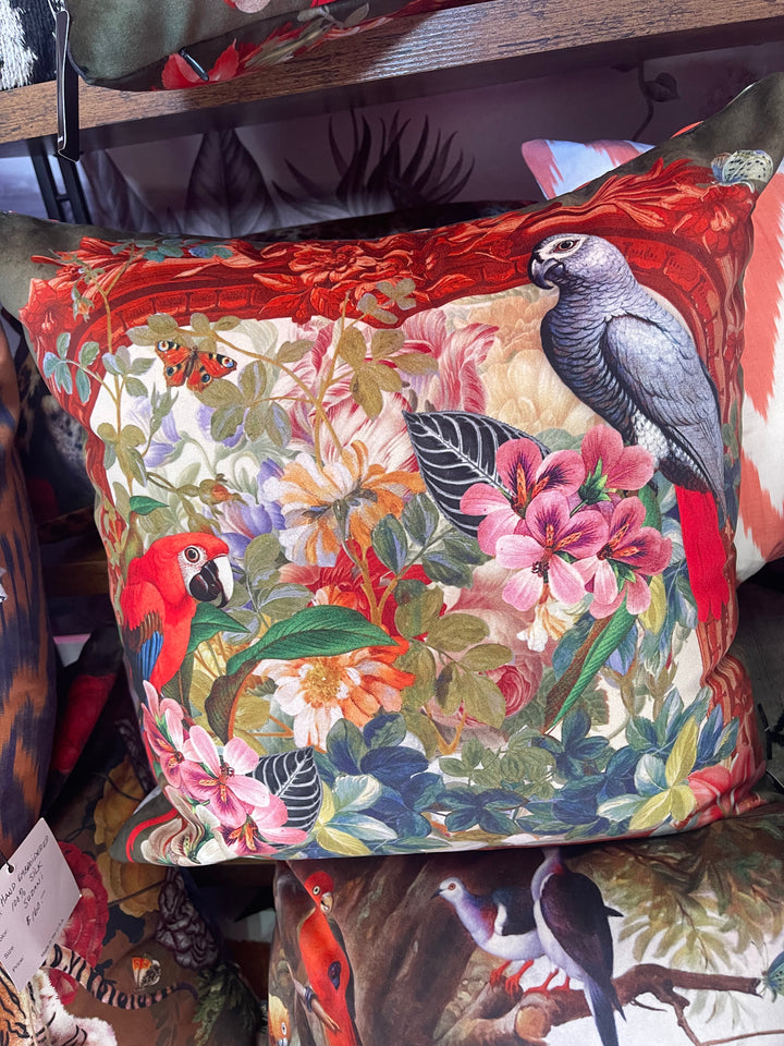 Velvet Printed Throw Pillow-Parrots