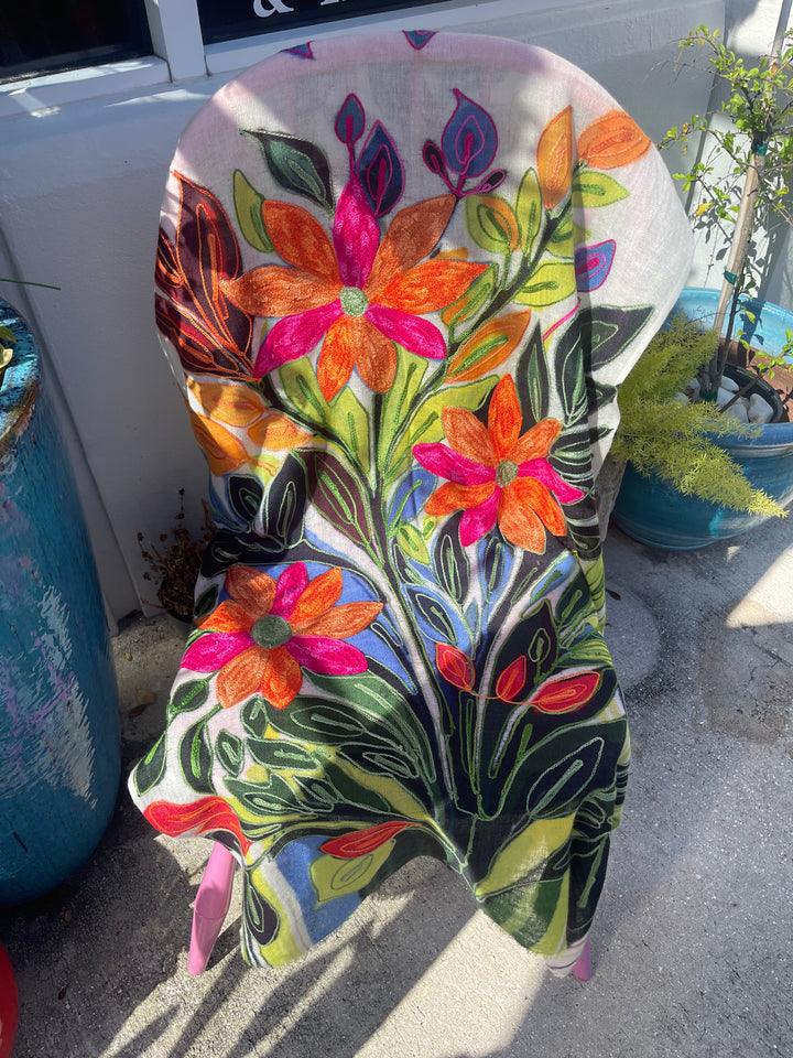 Hand Embroidered Cashmere and Silk Pashmina Shawl