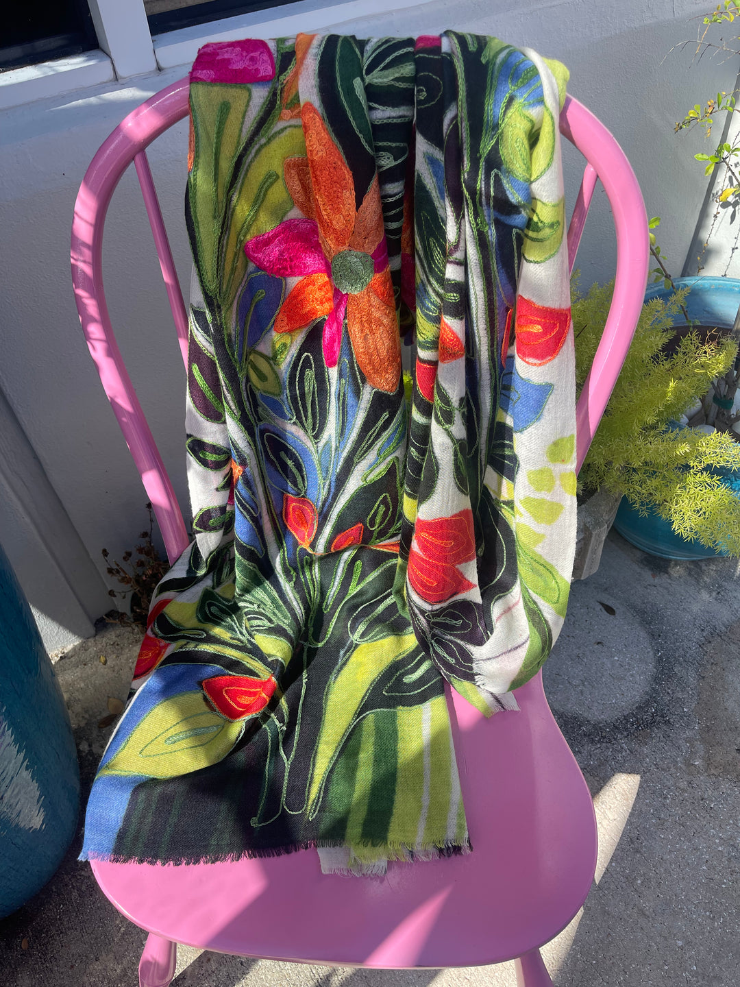 Hand Embroidered Cashmere and Silk Pashmina Shawl