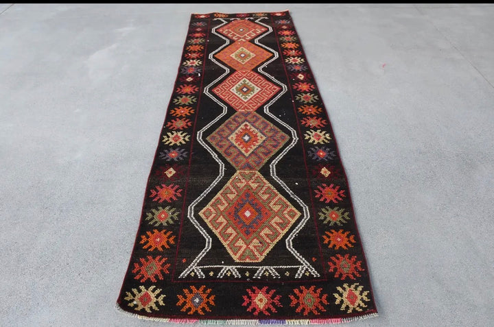 Vintage Ethnic Handwoven Wool Rug-Black and Red