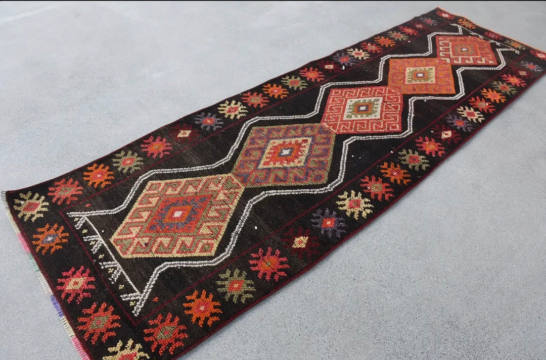 Vintage Ethnic Handwoven Wool Rug-Black and Red