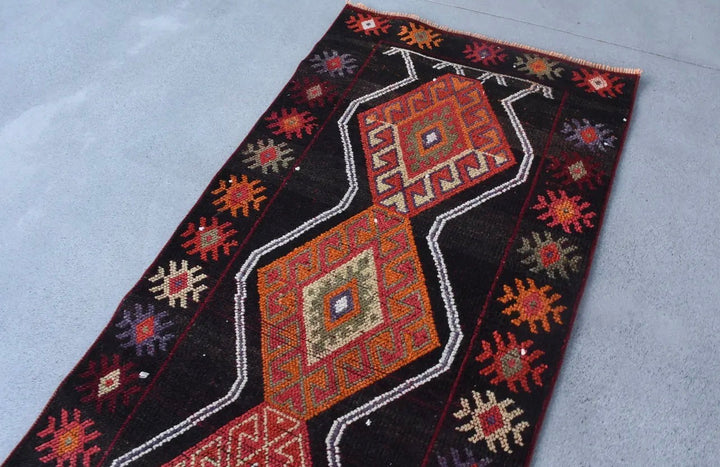 Vintage Ethnic Handwoven Wool Rug-Black and Red