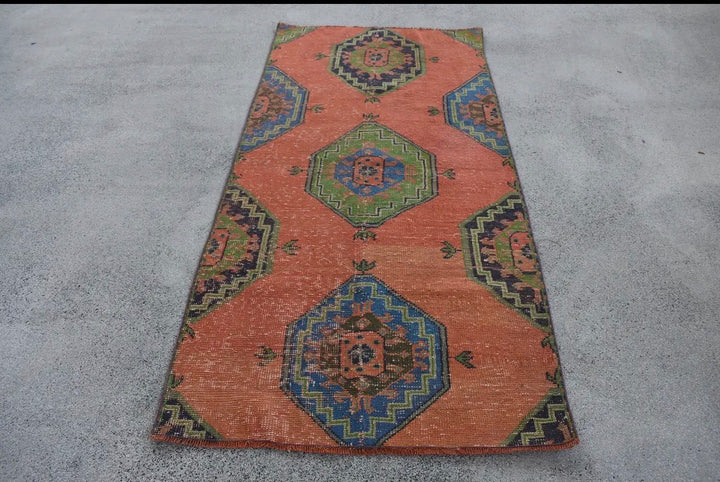 Vintage Handwoven Turkish Rug-Orange and Blue