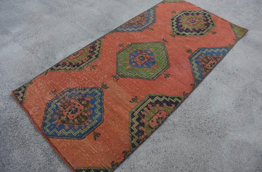 Vintage Handwoven Turkish Rug-Orange and Blue