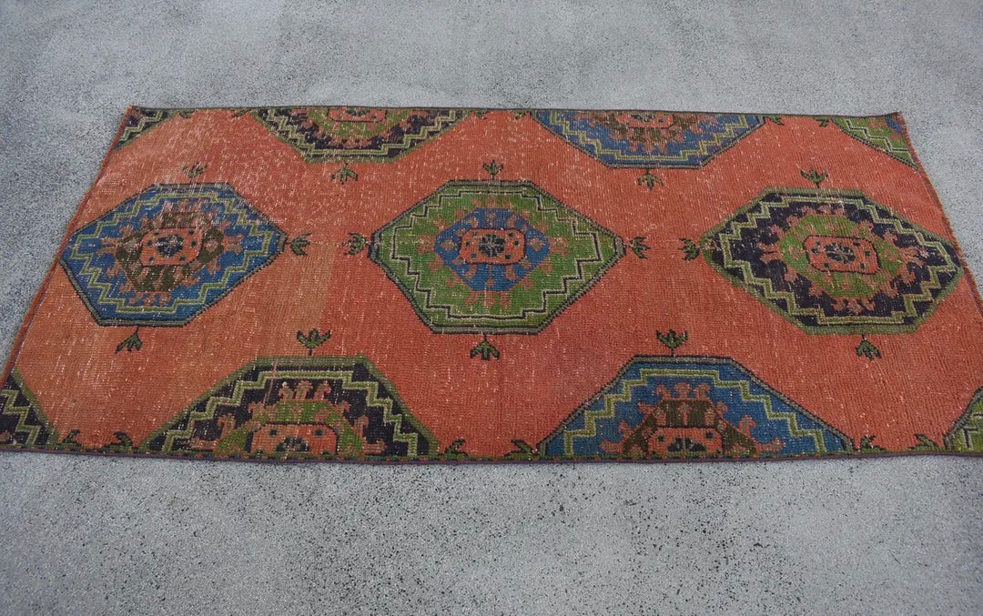 Vintage Handwoven Turkish Rug-Orange and Blue