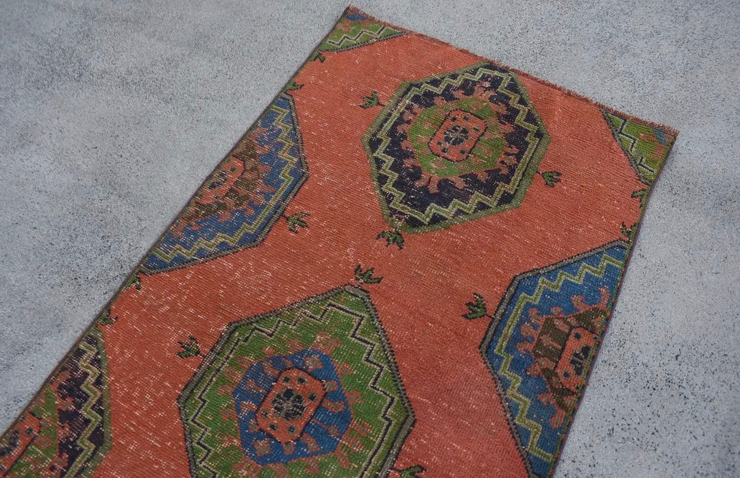 Vintage Handwoven Turkish Rug-Orange and Blue