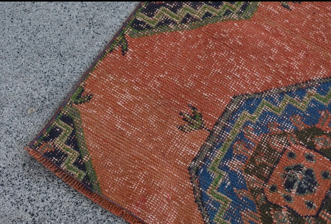 Vintage Handwoven Turkish Rug-Orange and Blue