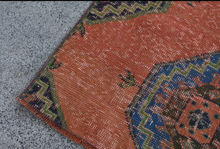 Vintage Handwoven Turkish Rug-Orange and Blue