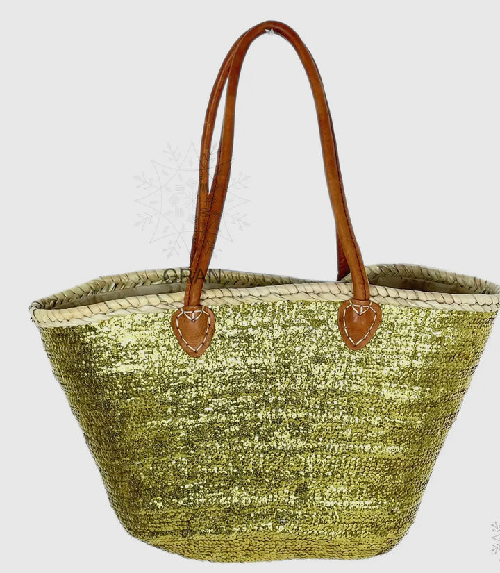 Sequin and Straw Market Tote Bag-Gold