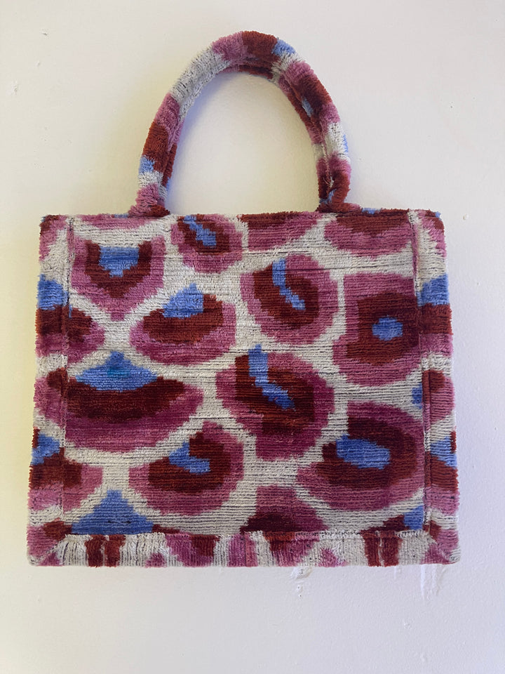 100% silk Ikat velvet tote bag-Pink leopard medium