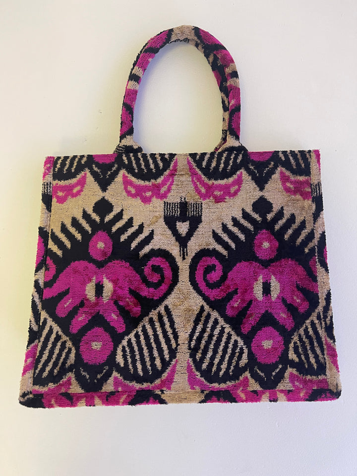 Large 100% silk velvet Ikat tote bag-hot pink and black ethnic