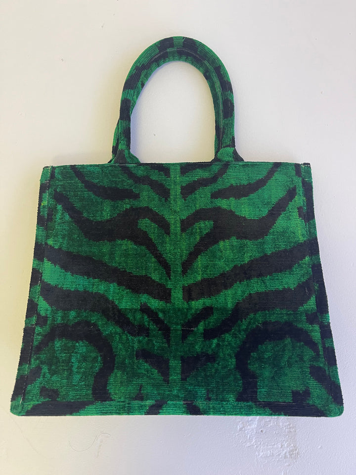 Emerald green tiger patterned 100% silk Ikat tote bag-large