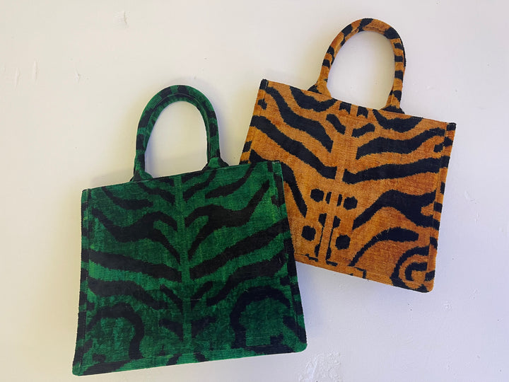 Emerald green tiger patterned 100% silk Ikat tote bag-large