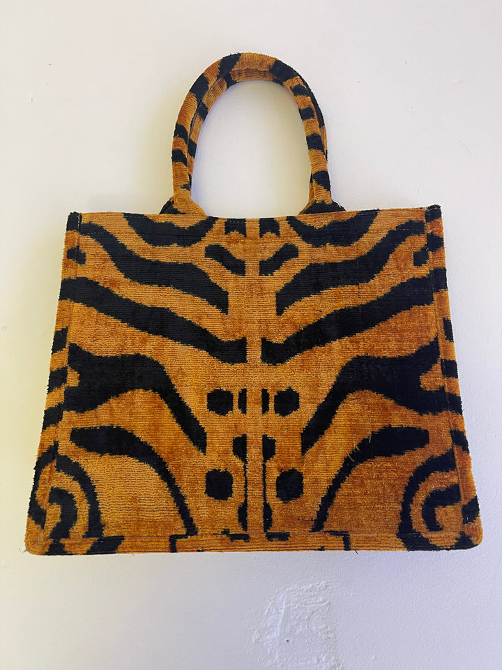 Large Gold and Black Tiger patterned !00% Silk Ikat tote bag