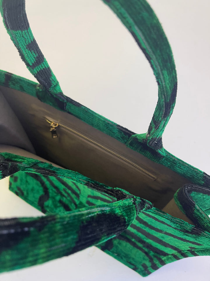 Emerald green tiger patterned 100% silk Ikat tote bag-large