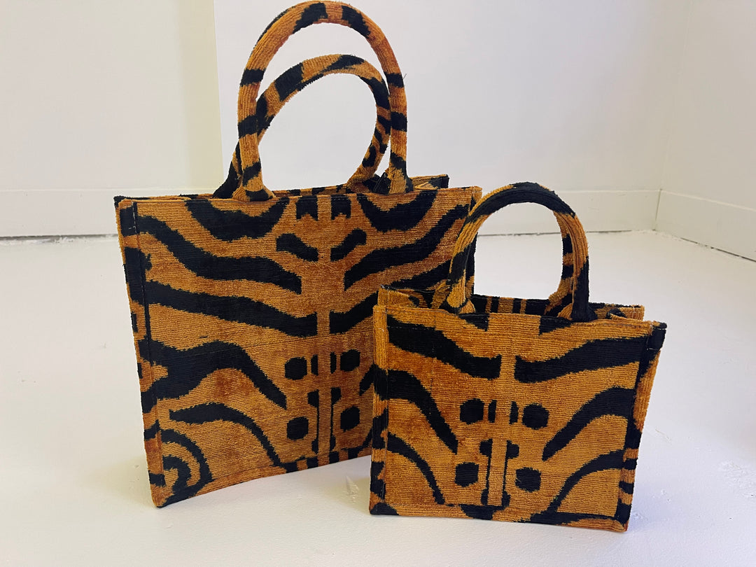 Small 100% silk velvet Ikat tiger patterned tote bag