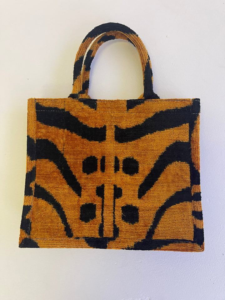 Small 100% silk velvet Ikat tiger patterned tote bag