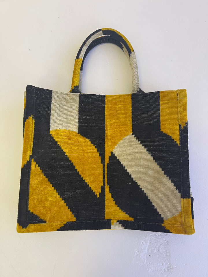 Large 100% silk velvet Ikat tote bag-gold and black geometric