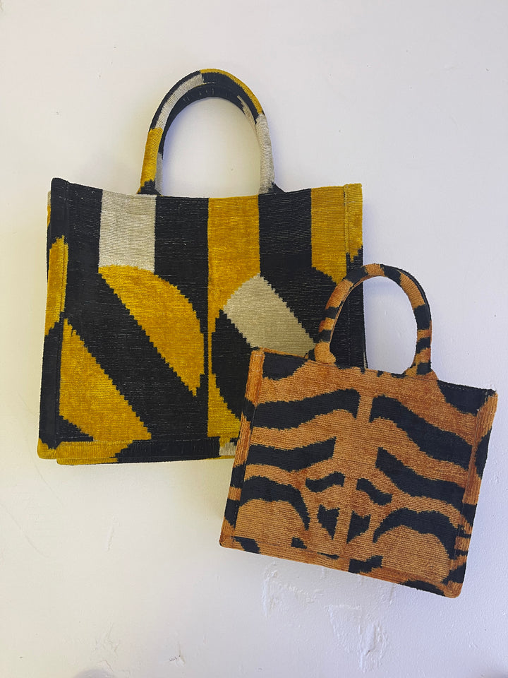 Large 100% silk velvet Ikat tote bag-gold and black geometric